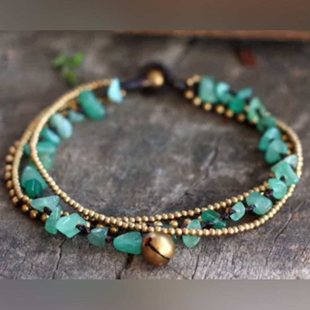 Jade Aventurine Chips Brass Ankle Bracelet 9”